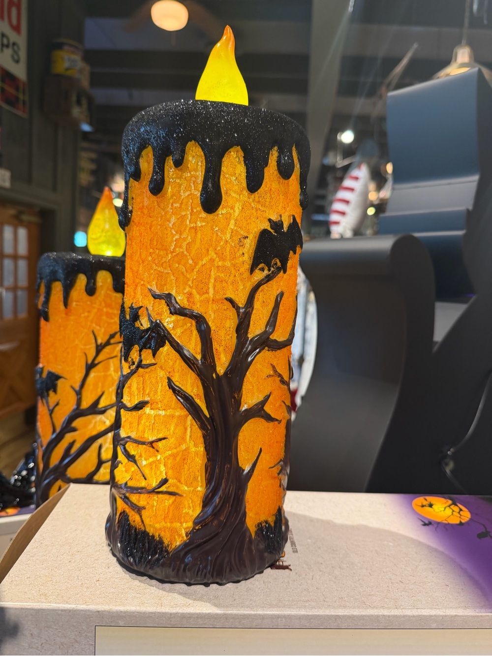 Cracker Barrel Halloween Orange Black Dripping Candle with Tree and Bat Accents
